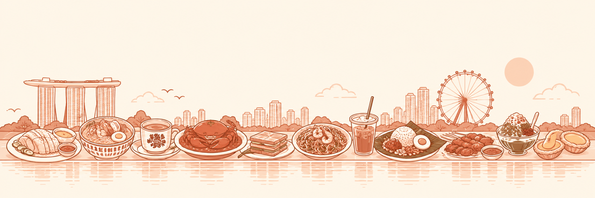 Illustrated Singapore skyline and local dishes in warm terracotta tones